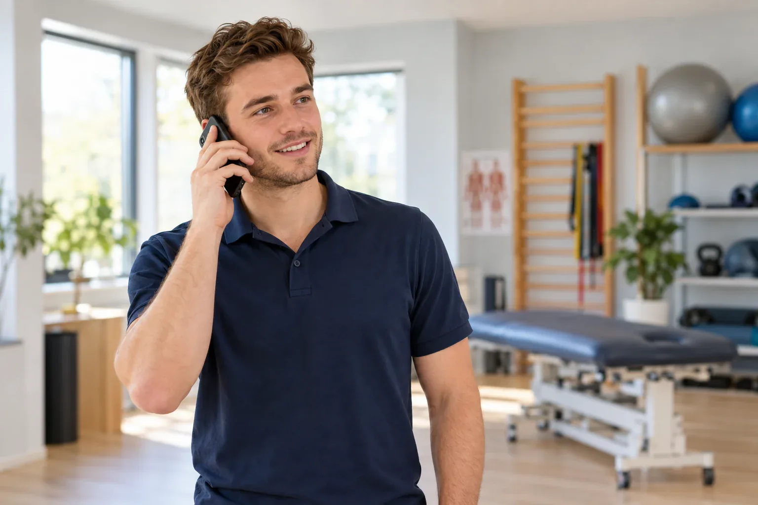 Fysiotherapeut belt met een smartphone in een lichte praktijk